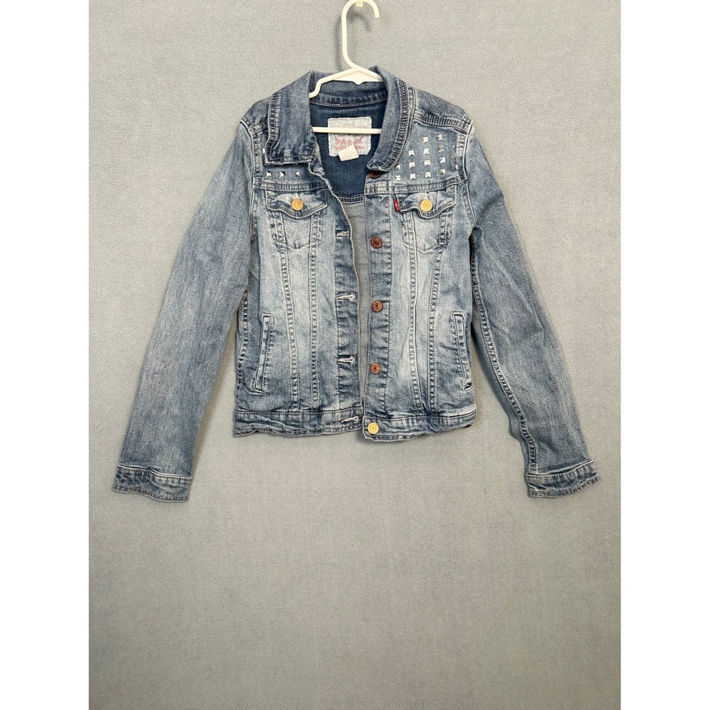 Levis Girls Blue Denim Trucker Jacket Studded Light Wash Size Large 12-14